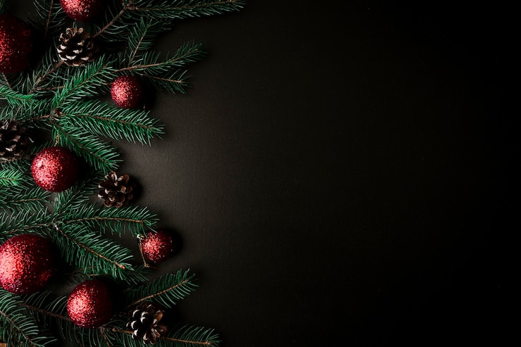 Photo gratuit composition de noël de branches de sapin avec des boules rouges