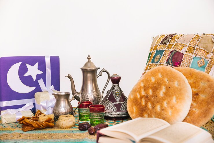 Photo gratuit composition de nourriture arabe pour le ramadan avec du pain