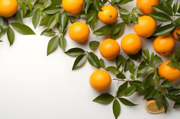 Composition à plat avec cadre de bordure d'oranges mûres et espace pour le texte sur fond blanc