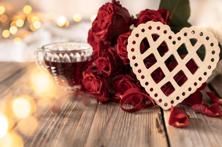 Photo gratuit une composition pour la saint valentin avec un bouquet et une boisson rouge dans une tasse