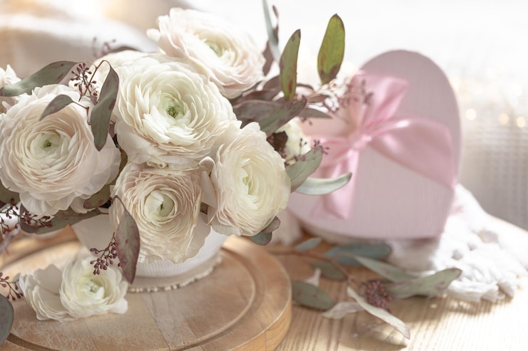 Photo gratuit composition de printemps avec des fleurs et une boîte-cadeau sur un arrière-plan flou