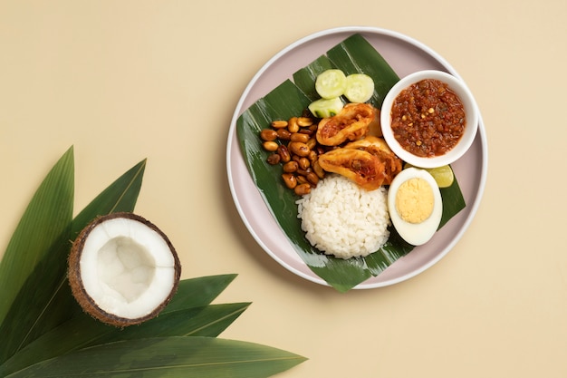 Composition de repas traditionnel nasi lemak à plat
