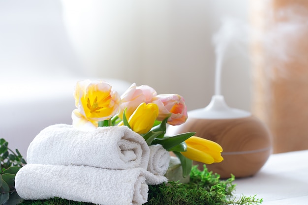 Composition de spa avec l'arôme d'un diffuseur d'huile moderne avec des produits de soins corporels