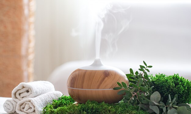 Composition de spa avec l'arôme d'un diffuseur d'huile moderne avec des produits de soins corporels