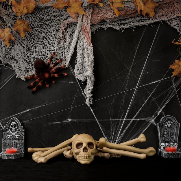 Photo gratuite composition spooky halloween avec crâne et os