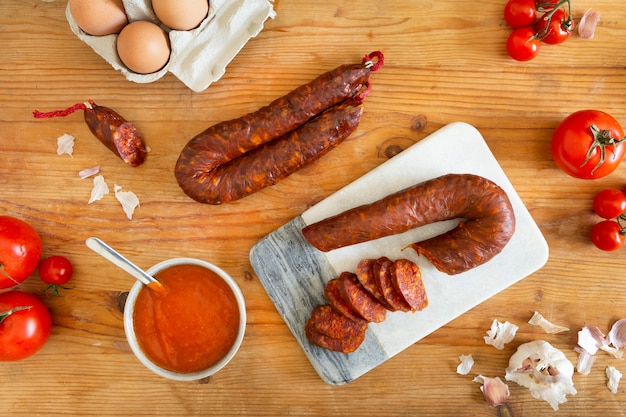 Photo gratuite composition en tranches de saucisse chorizo savoureuse