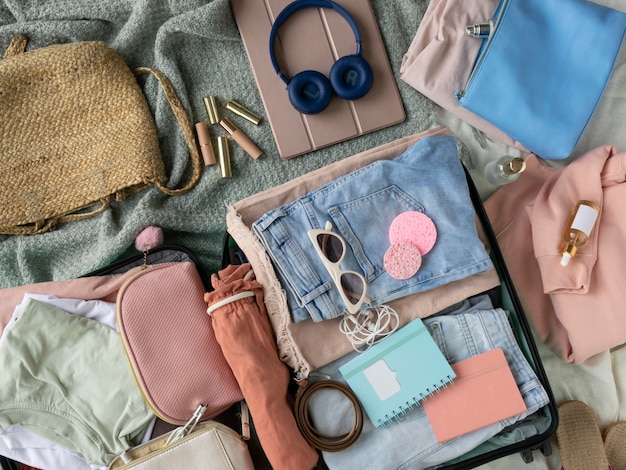 Composition de vêtements et accessoires dans une valise