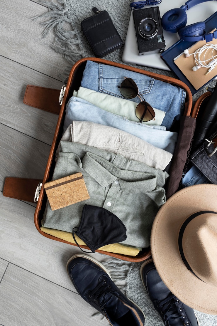 Photo gratuit composition de vêtements et accessoires dans une valise