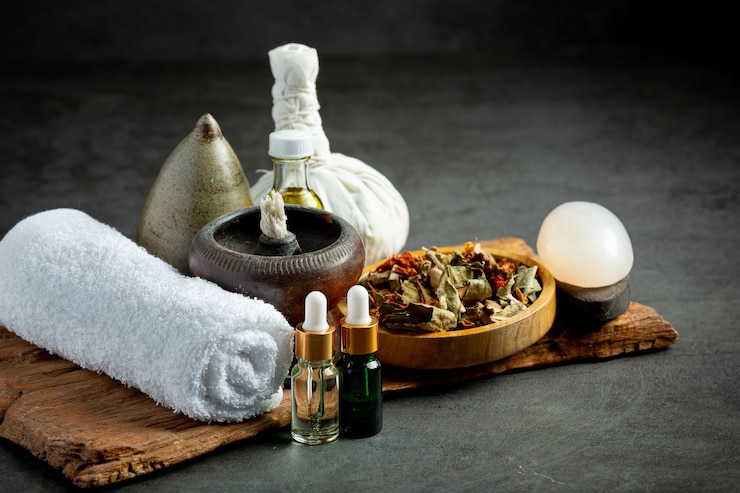 Photo gratuit compresse d'herbes et équipements de traitement de spa à base de plantes mis sur un sol sombre