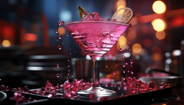 Le comptoir du bar éclairé d'une discothèque sert des cocktails rafraîchissants pour une célébration générée par l'intelligence artificielle