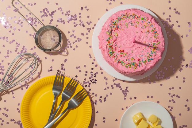 Concept d'anniversaire avec mise à plat de gâteau