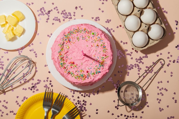 Concept d'anniversaire avec vue ci-dessus gâteau