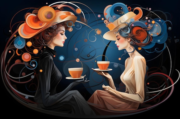 Photo gratuite concept d'art de style kandinsky belles femmes buvant du café œuvre d'art