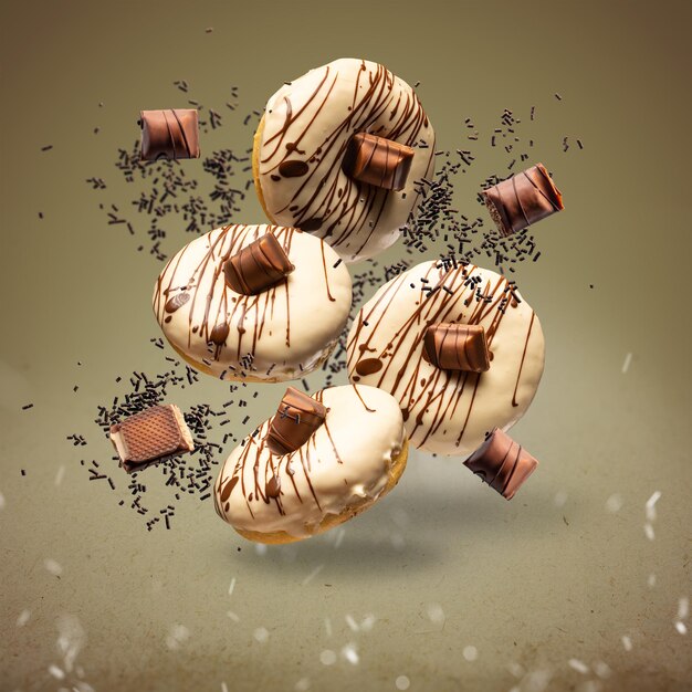 Concept de beignets volants. Donuts avec glaçage au chocolat blanc et chocolat