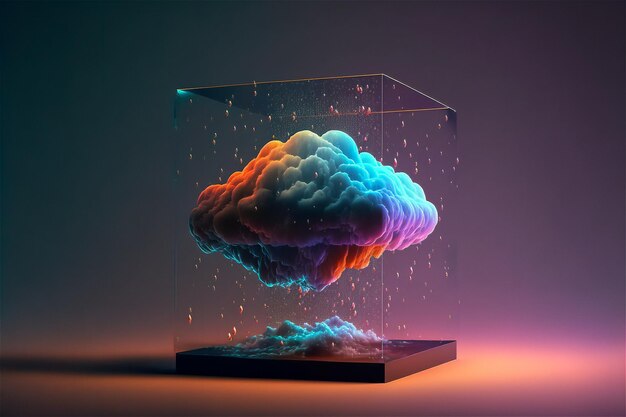 Concept de cloud créatif dans le cube de verre Infrastructure de métaverse numérique Cloudscape