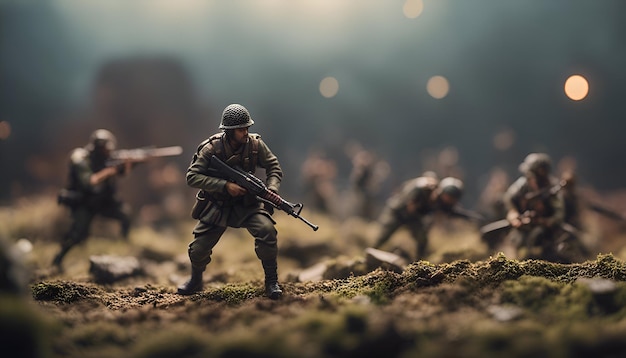 Photo gratuite concept de guerre silhouettes militaires scène de combat sur le fond du ciel de brouillard de guerre soldats de la guerre mondiale silhouettes sous l'horizon nuageux la nuit scène d'attaque véhicules blindés tanks décoration de bataille