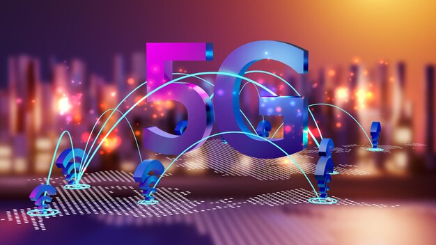 Concept internet haut débit 5g, technologie sans fil réseau 5g sur fond de ville, rendu 3d