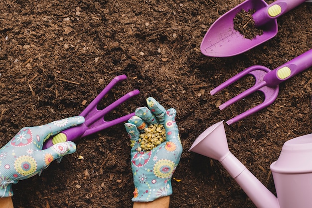 Photo gratuite concept de jardinage avec des pelles et des mains tenant des graines