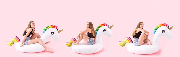 Concept de mode de l'été avec une jeune femme sur licorne gonflable
