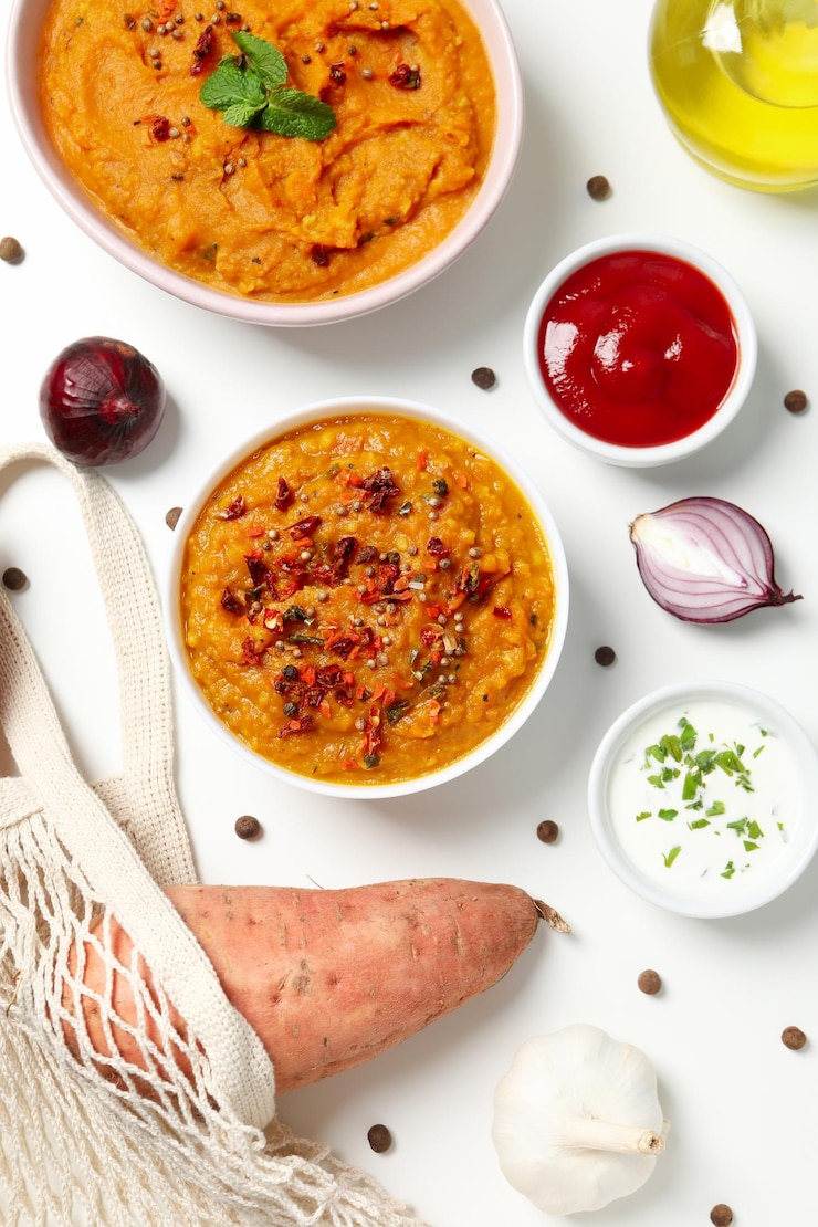 Photo gratuit concept de nourriture savoureuse purée de patates douces vue de dessus