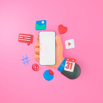 D concept de plate-forme de communication de médias sociaux en ligne main tenant un téléphone avec un commentaire emoji amour comme...