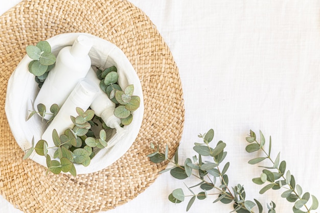 Concept de soins de la peau avec une bouteille blanche et des feuilles de palmier sur fond tropical