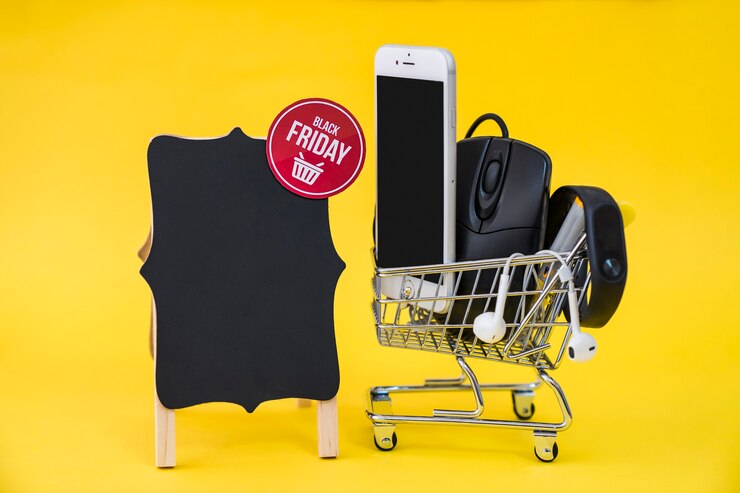 Photo gratuit concept de vente en noir vendredi avec panier et carte