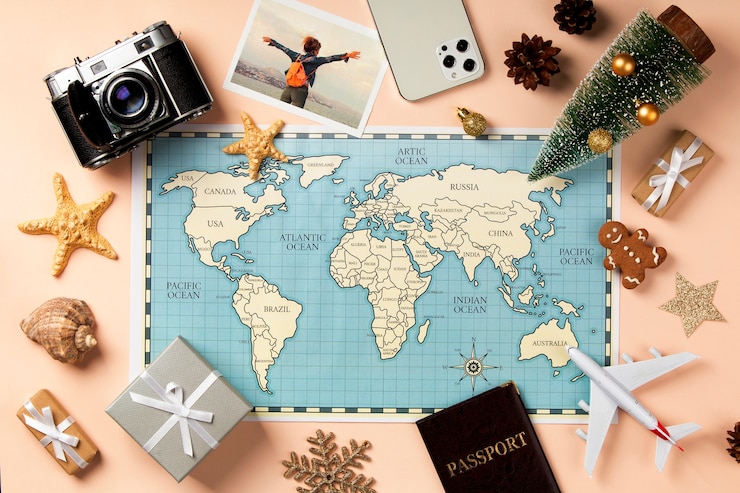 Photo gratuit concept de voyage de noël avec carte