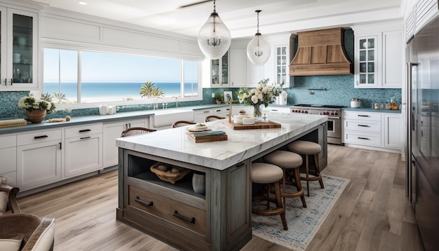 Photo gratuite conception de cuisine de luxe moderne avec un matériau en bois élégant et une décoration en marbre générée par ai