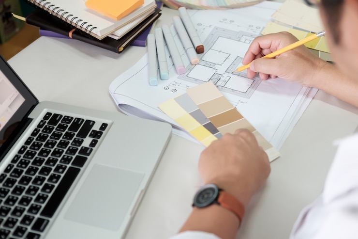 Photo gratuit conception graphique et échantillons de couleurs et stylos sur un bureau. dessin architectural avec outils de travail et accessoires.
