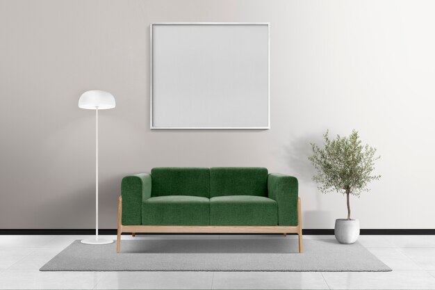 Conception intérieure minimale du salon avec un cadre blanc