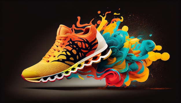 Photo gratuite concours de chaussures de sport sur fond abstrait multicolore généré par l'ia