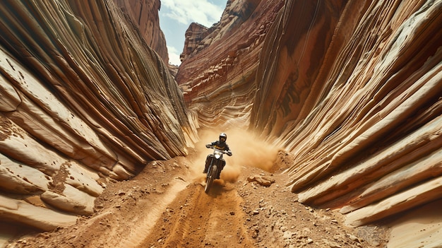 Photo gratuite conducteur de vélo de terre participant à des courses et à des circuits pour le frisson de l'aventure avec la moto