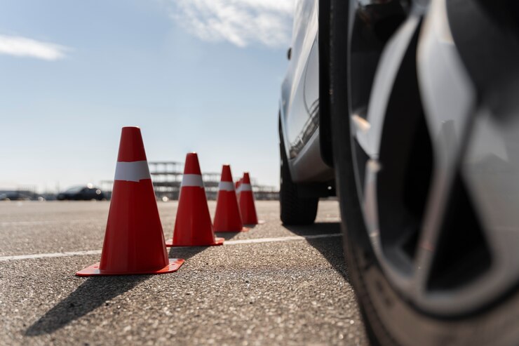 Photo gratuit cônes de signalisation et voiture pour l'examen du permis de conduire