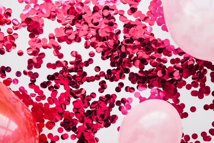 Photo gratuit confettis roses et ballons en mise en page