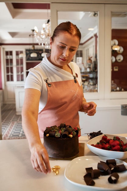 Photo gratuite confiseur féminin avec gâteau au chocolat dans la pâtisserie