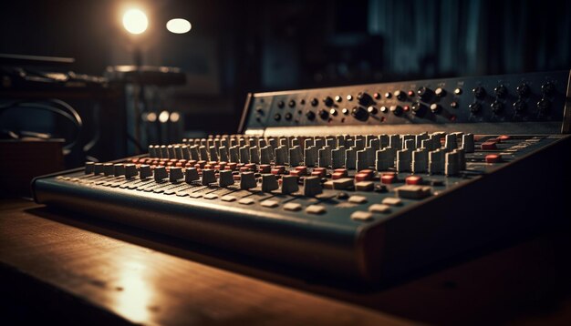 Une console de mixage dans une pièce sombre avec une lumière au fond.