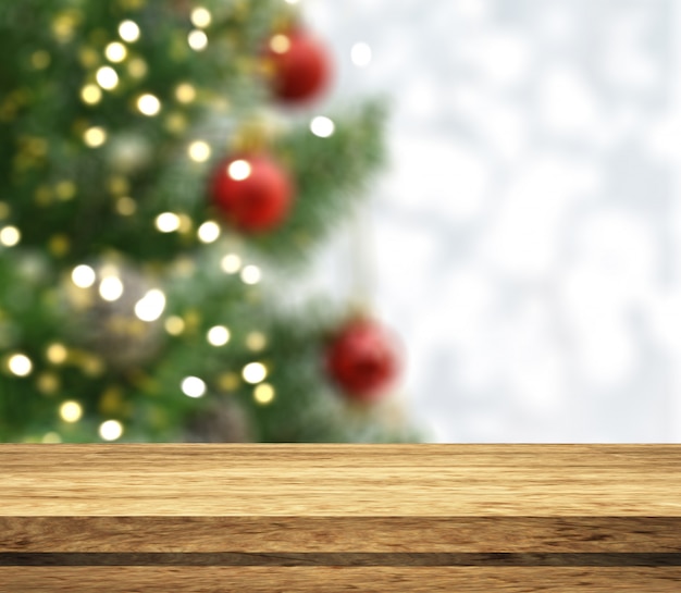 Conte en bois 3D donnant sur un arbre de Noël défocalisé
