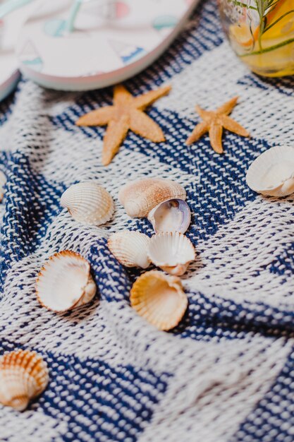 Coquilles et poissons étoiles sur une serviette de plage