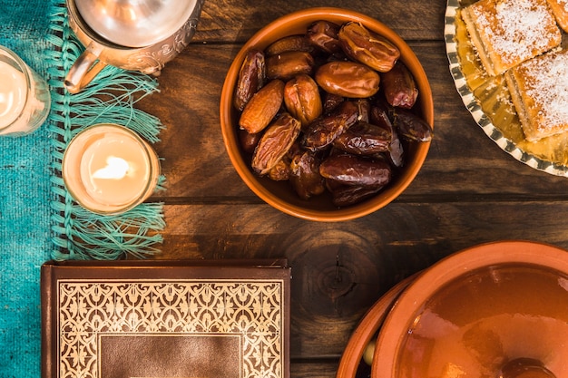 Coran près des dates et des bougies