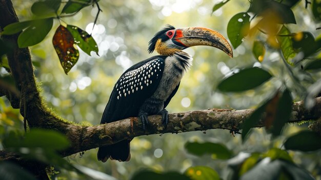 Une corne couronnée perchée sur une branche robuste surveillant son royaume luxuriant en dessous