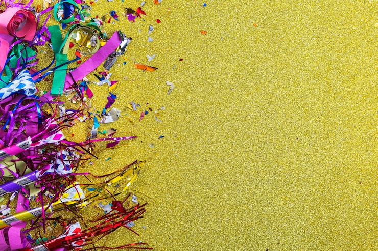 Photo gratuit cornes de fête sur des confettis brillants