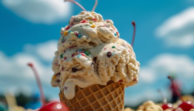 Photo gratuite cornet de crème glacée gastronomique avec des garnitures multicolores générées par l'ia