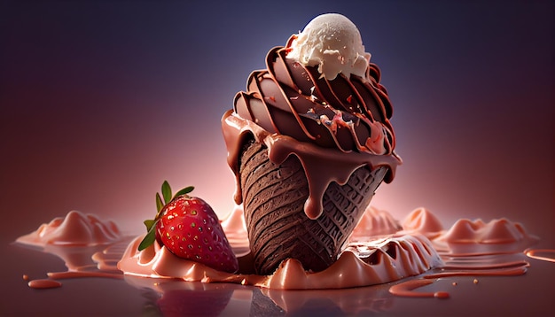 Photo gratuite cornet de crème glacée sucrée avec ia générative à la fraise