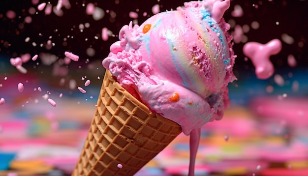 Photo gratuite un cornet de glace gourmand, une gâterie estivale colorée et rafraîchissante générée par l'intelligence artificielle