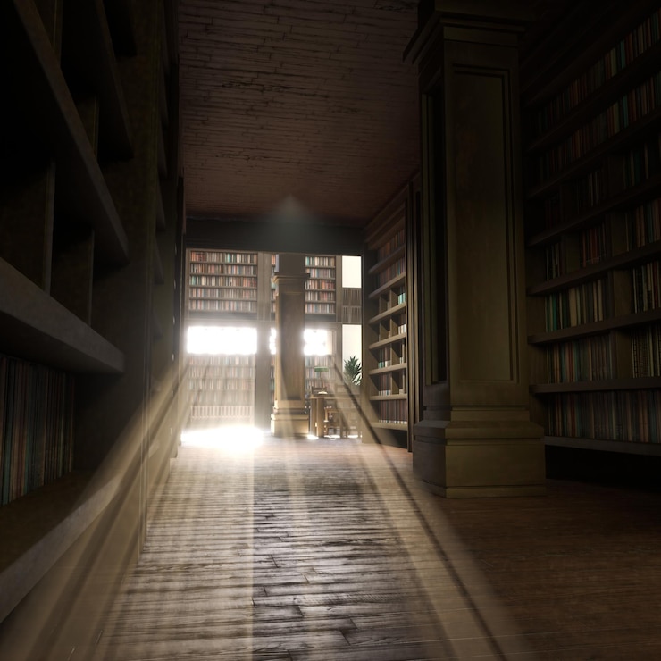 Photo gratuit corridor étroit de la bibliothèque universitaire avec de hautes étagères et un sol en bois