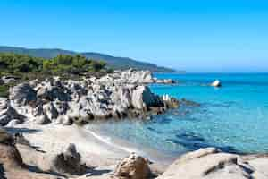 Photo gratuite côte de la mer égée avec verdure autour, rochers, buissons et arbres, eau bleue, grèce