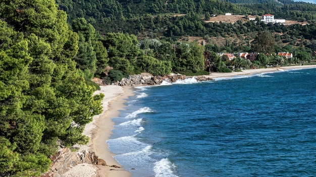 Côte de la mer Égée de la Grèce, collines rocheuses avec des arbres et des buissons en croissance, plage avec vagues, bâtiments situés près de la côte