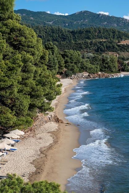 Côte de la mer Égée de la Grèce, collines rocheuses avec des arbres et des buissons en croissance, plage avec vagues et parasols avec transats