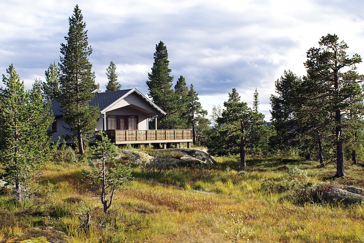 Photo gratuit cottage rural norvégien typique avec un paysage à couper le souffle et une belle verdure en norvège